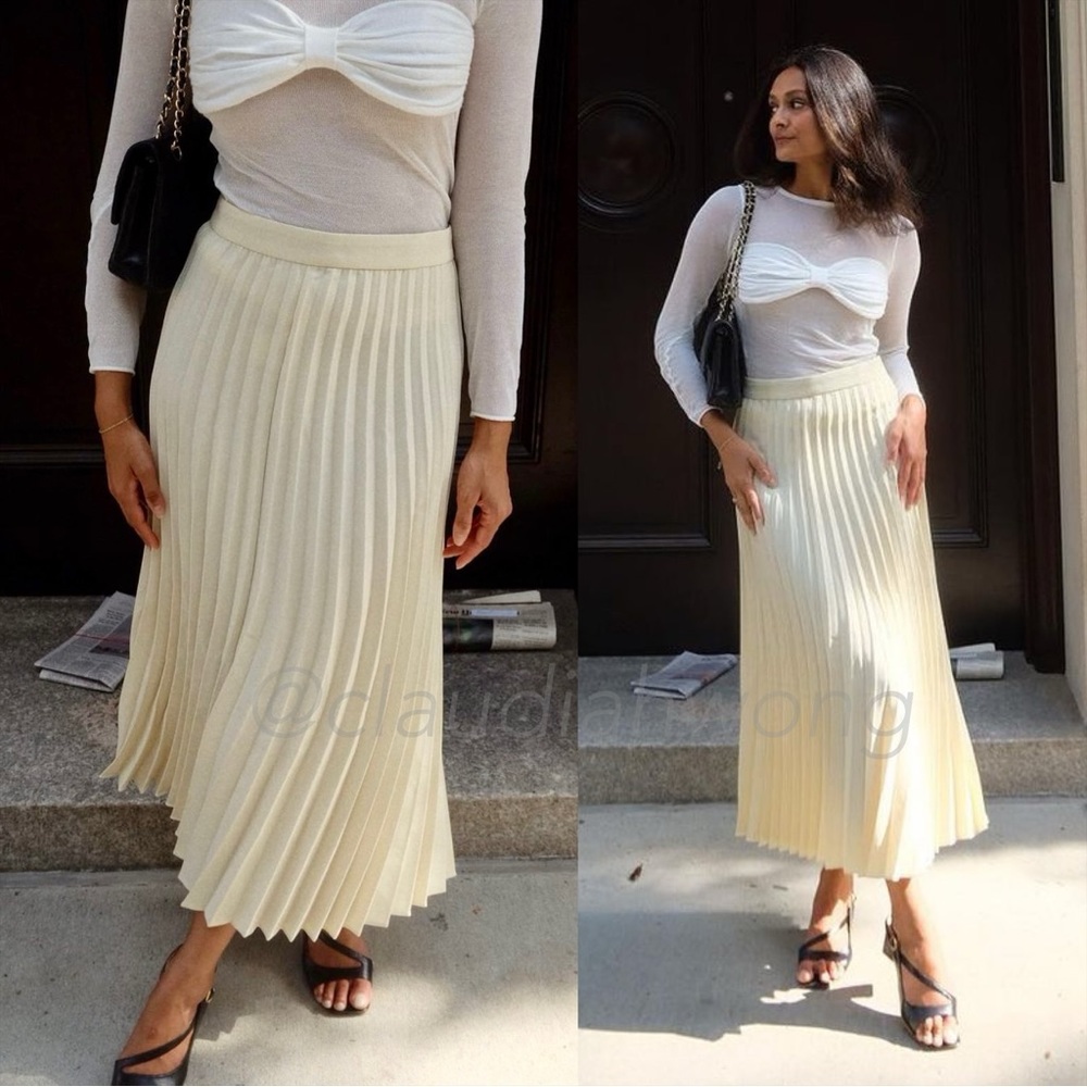 JNBY Curved Pleat Midi Skirt in Butter Yellow